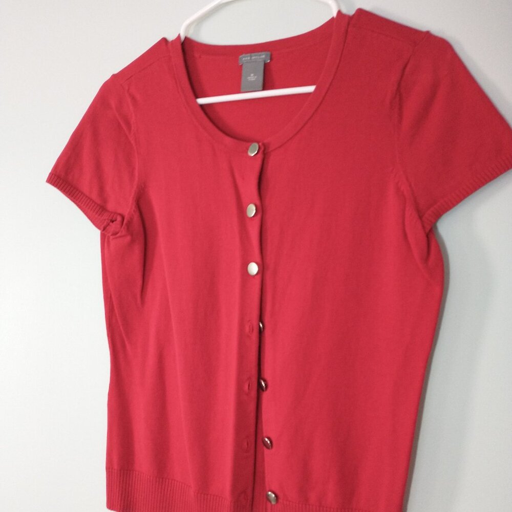 NWOT Ann Taylor Silk Blend Cap Sleeve Red Sweater Silver Metal Buttons Size M